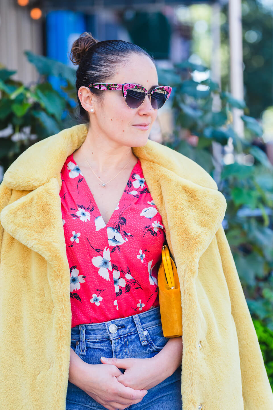 Rebecca Taylor Blouse Yellow Faux Fur Coat Rag & Bone Jeans Look by Modnitsa Styling