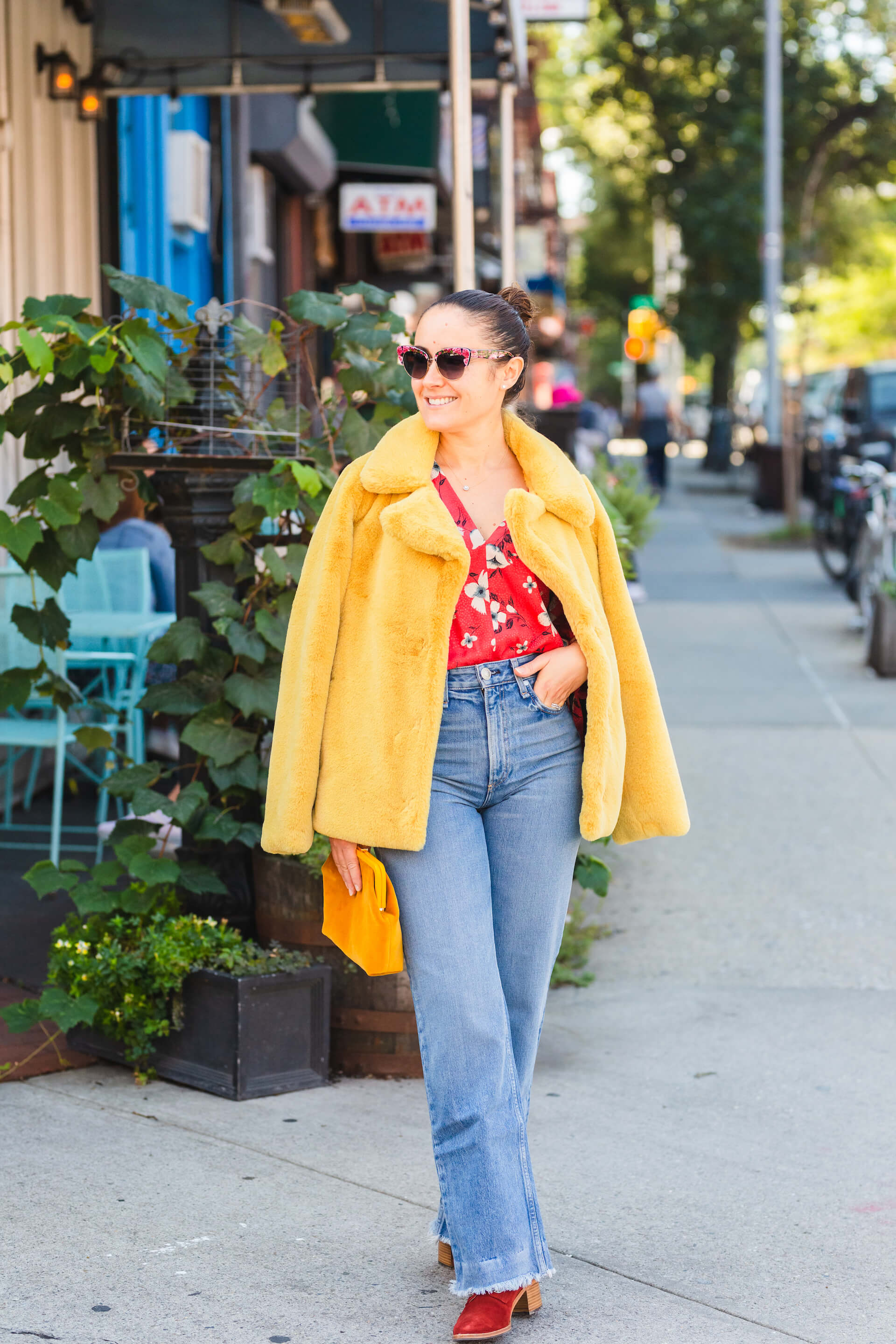 Rebecca Taylor Blouse Yellow Faux Fur Coat Rag & Bone Jeans Look by Modnitsa Styling