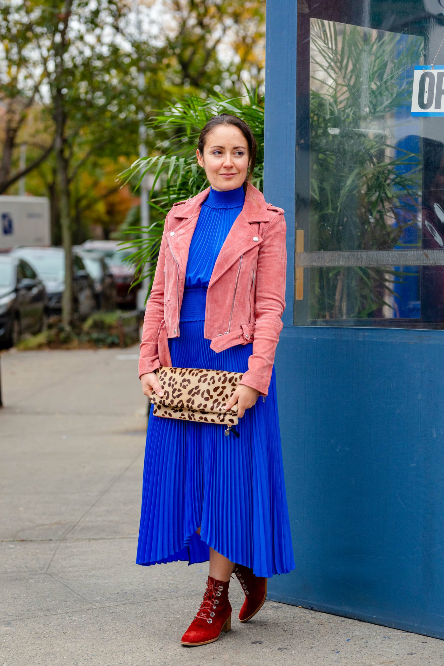 ALC Blue Dress with Suede Moto Look by Modnitsa Styling