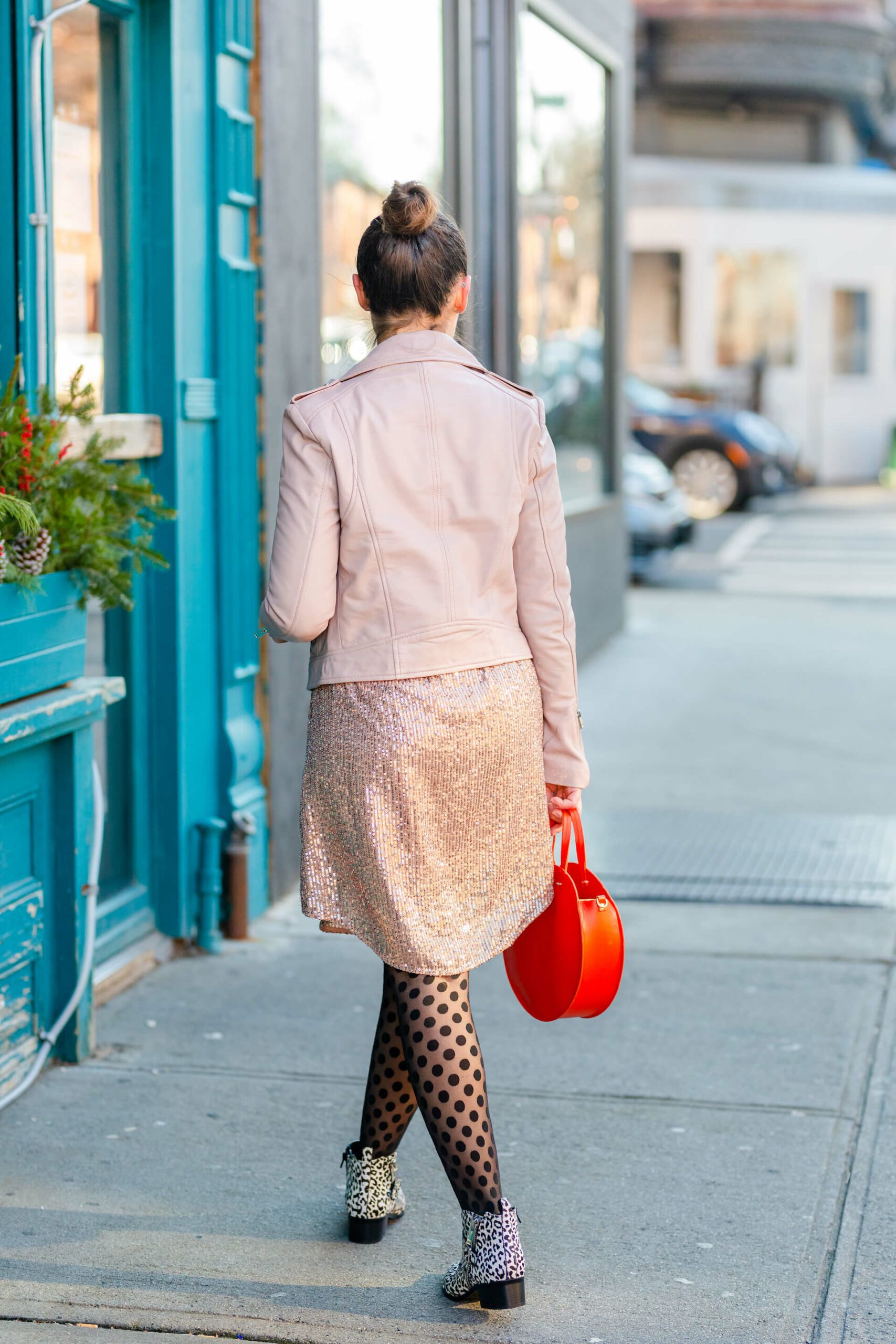 Anthro Sparkly Dress Lamarque Leather Jacket Mark Fisher Booties NYE Look by Modnitsa Styling