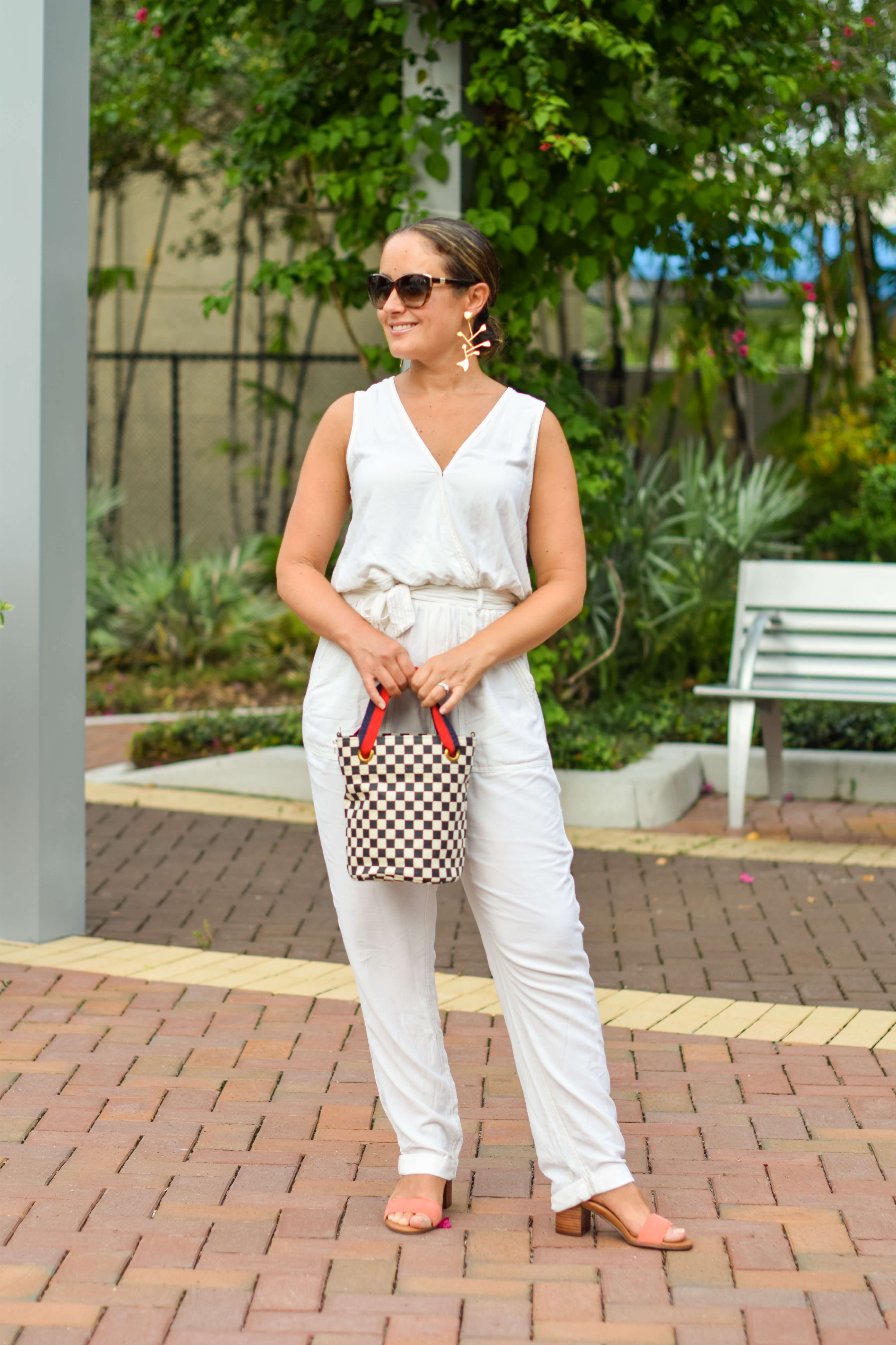 Splendid Jumpsuit Vionic Shoes Tory Burch Earrings Clare V Bag Outfit by Modnitsa Styling