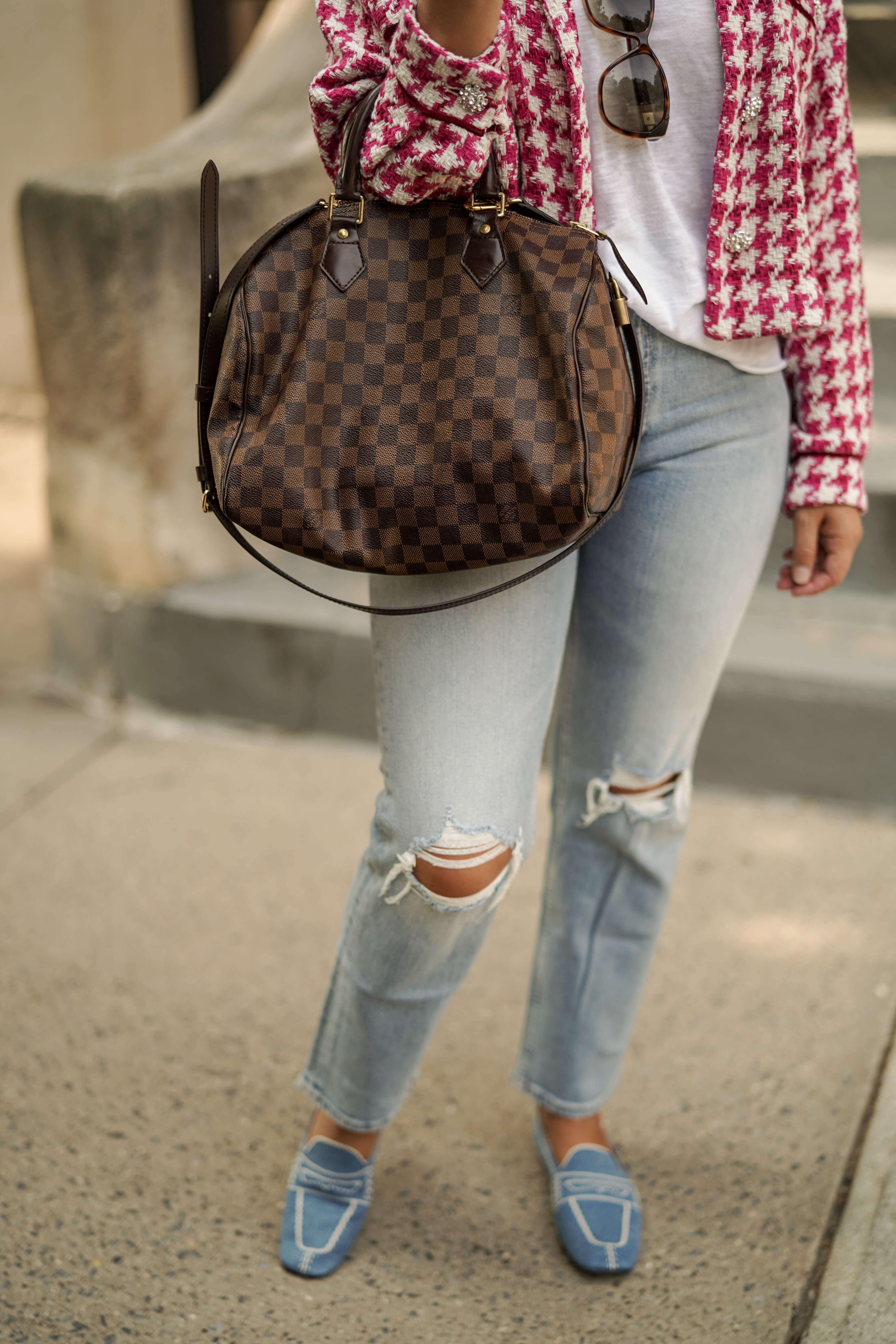 Zara Jacket ReDone Jeans Free People Tee Vivaia Shoes LV Bag Look