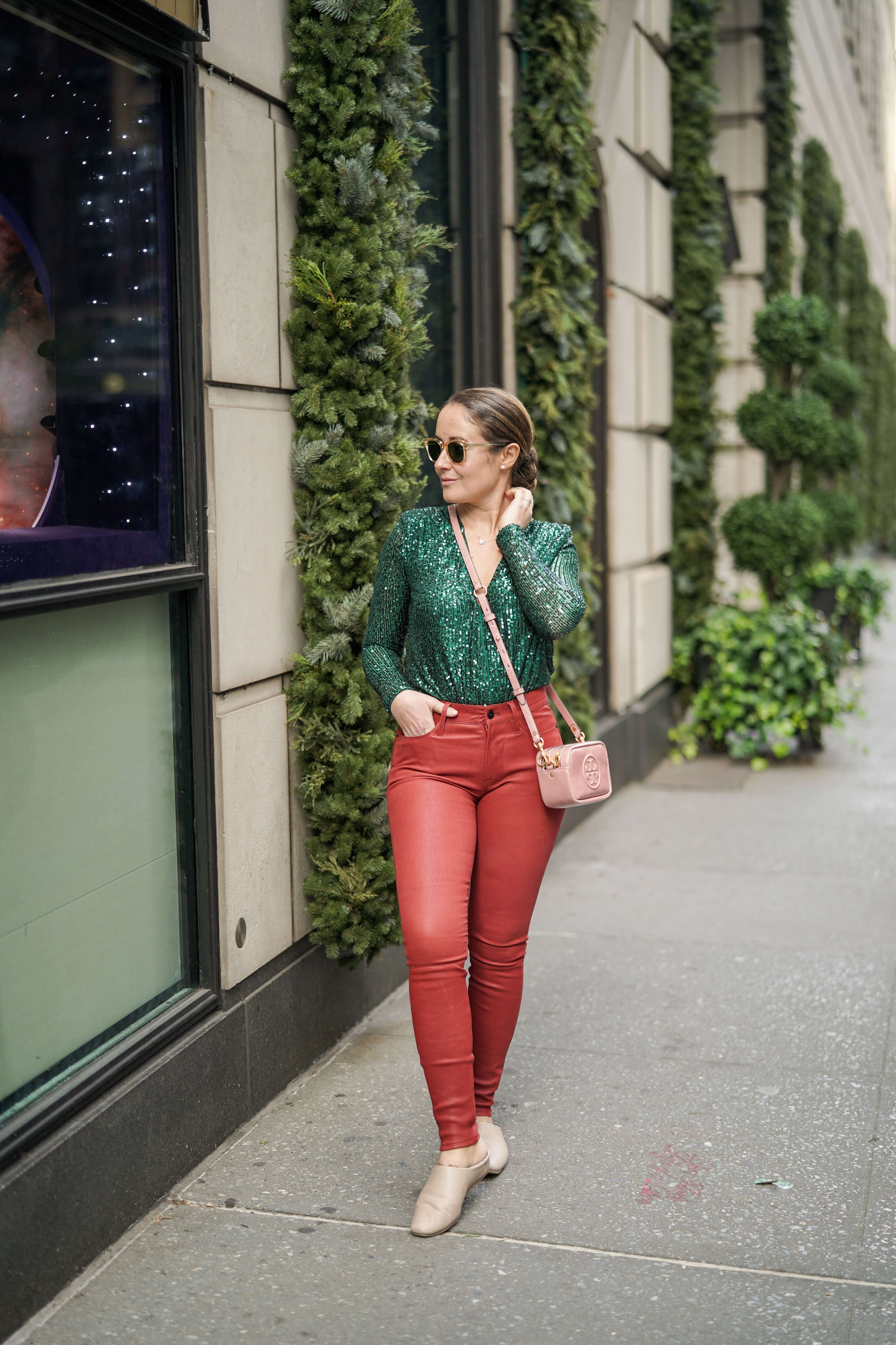 Green Sequin Body Suit Red Frame Leather Pants Tory Burch Bag Coclico Slides Outfit by Modnitsa Styling