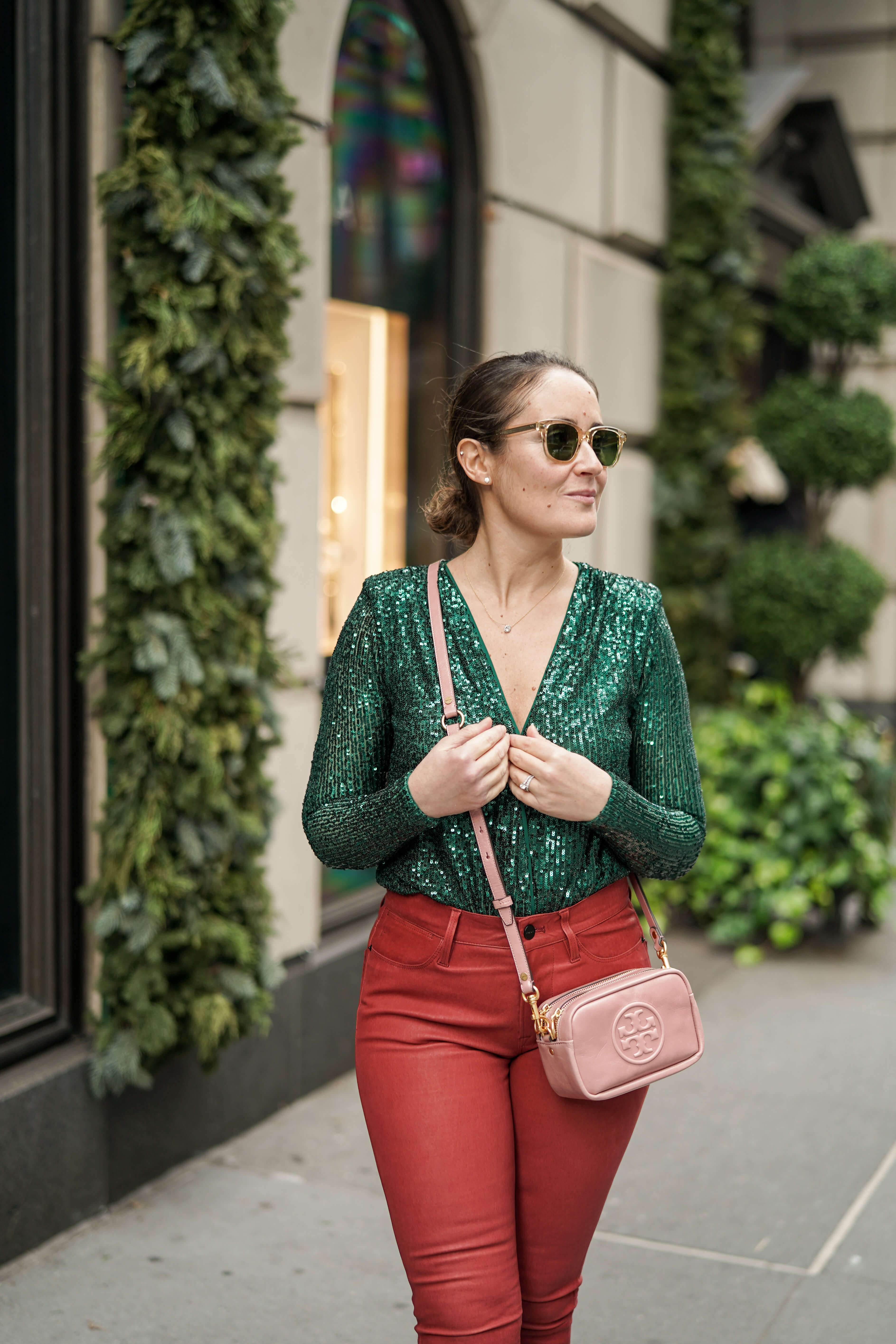Green Sequin Body Suit Red Frame Leather Pants Tory Burch Bag Coclico Slides Outfit by Modnitsa Styling