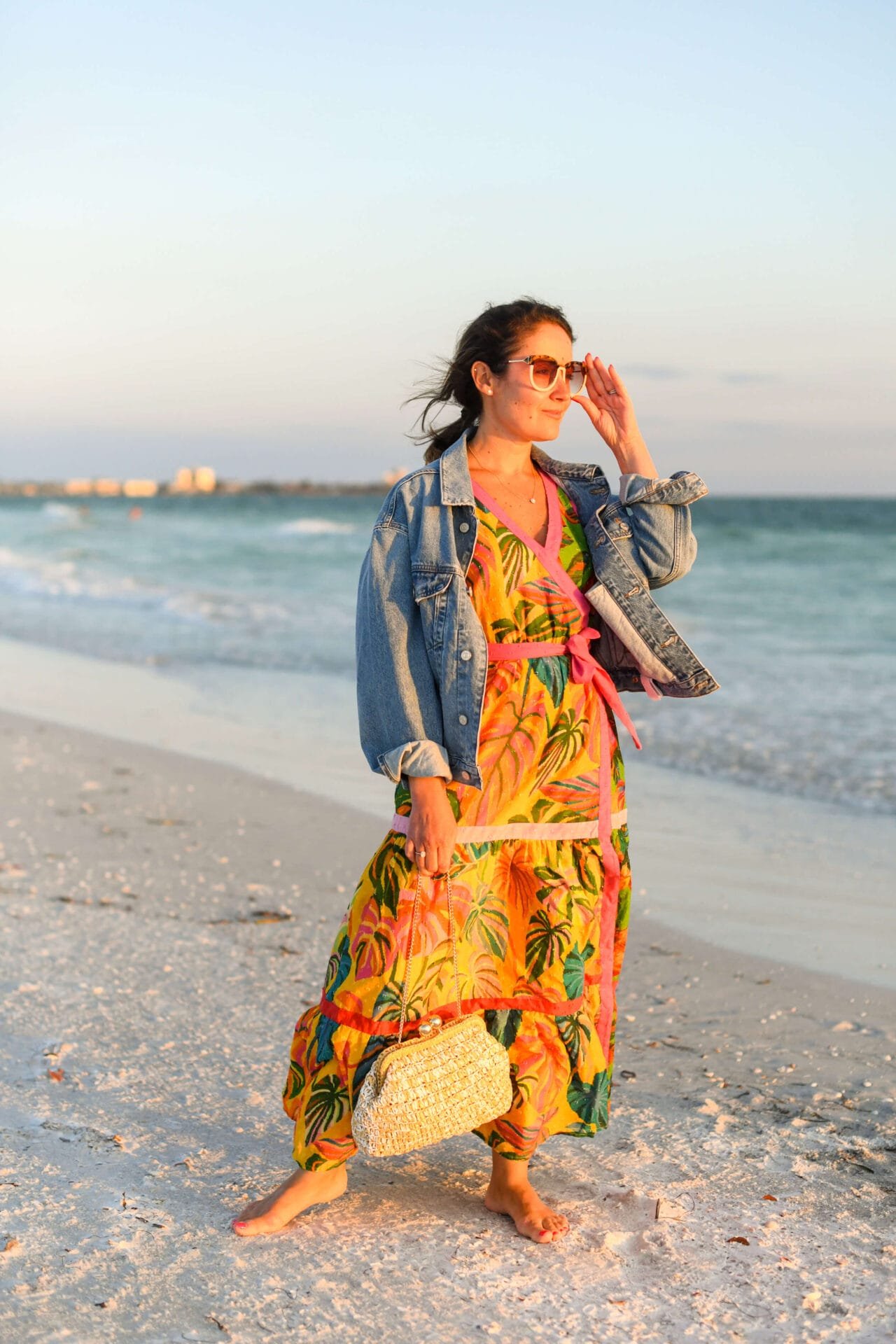 Farm Rio Dress Agolde Denim Jacket Caterina Bertini Bag Karen Walker Sunnies Outfit by Modnitsa Styling